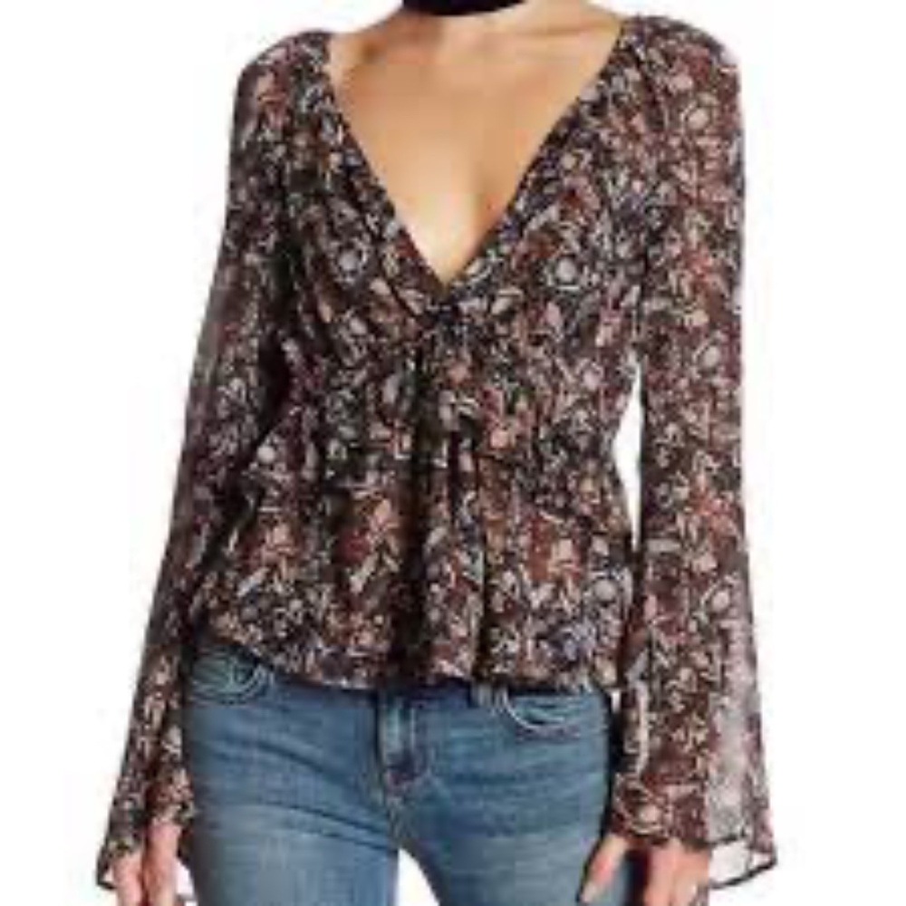 Free People Uptown Floral Print Top Size XS Bell Sleeve Boho Chiffon Fairycore